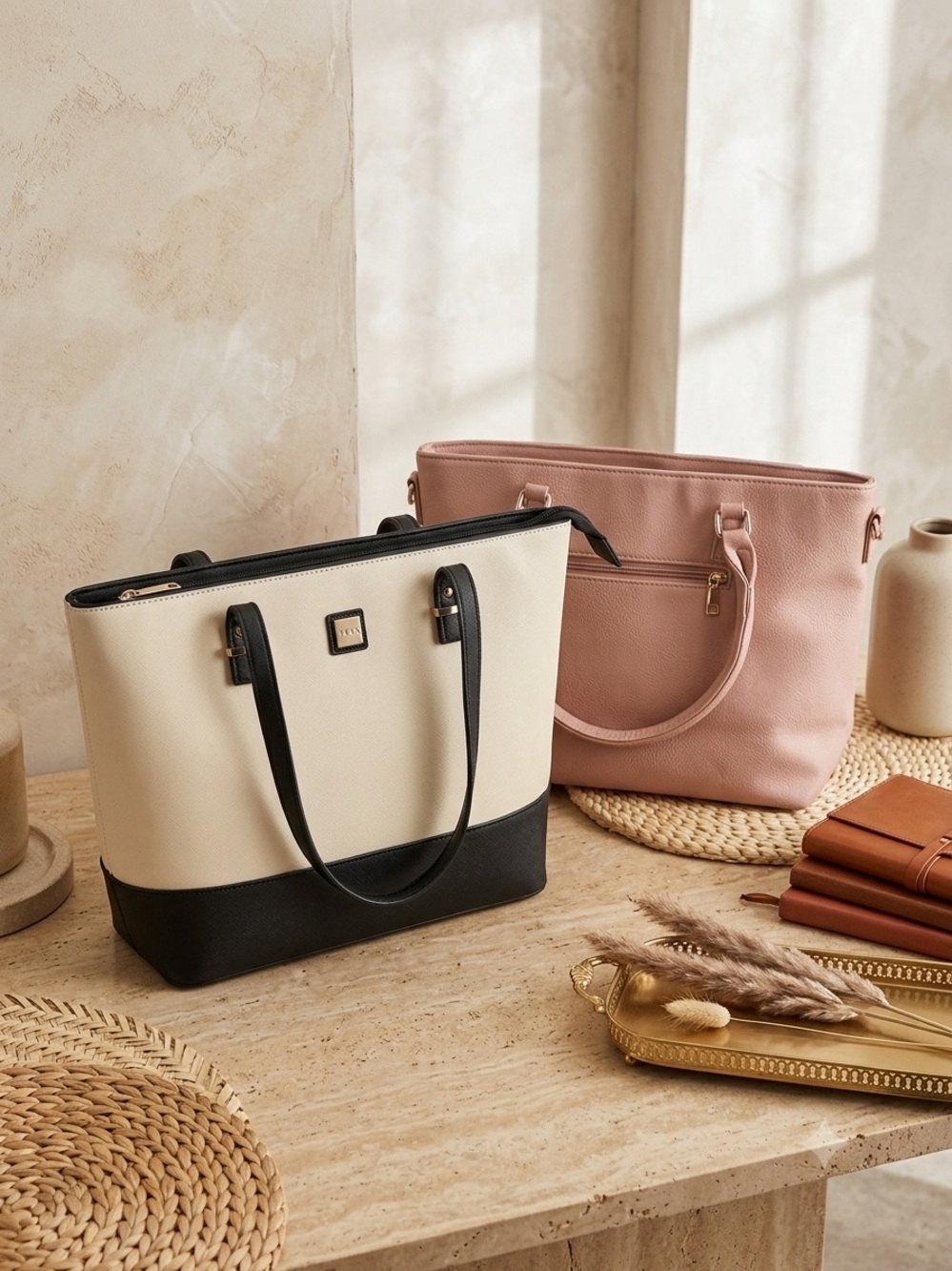 👜 Elegant & Spacious Handbag (Tote) Duo (Cream/Black + Pink) – Like New!